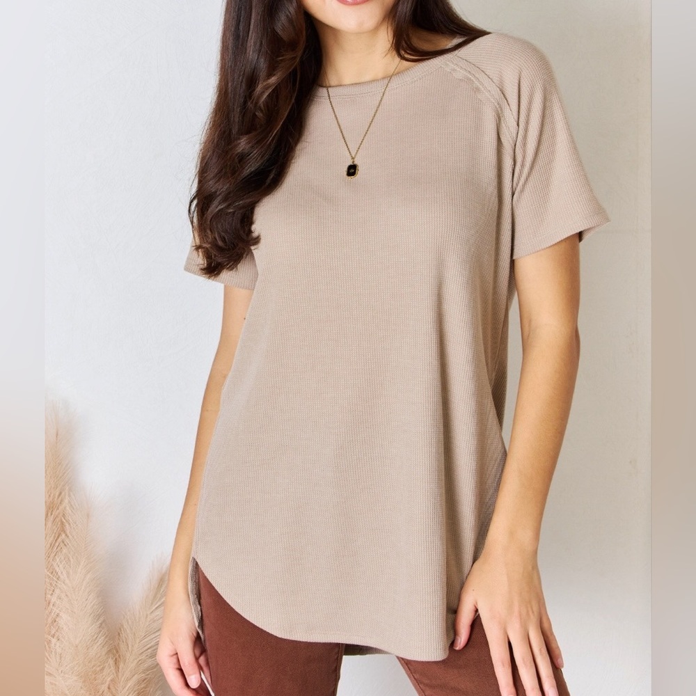 Zenana Clean Slate Waffle Knit Oversized Thermal Short Sleeve T-Shirt Top in Tan
